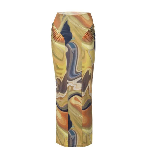Falda midi con estampado abstracto fruncido en contraste 