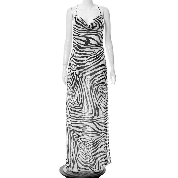 Cowl neck print cross open back maxi chiffon dress - Halibuy