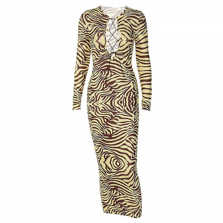 Long sleeve lace up zebra print midi dress - Halibuy