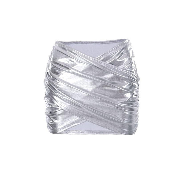 Cross front ruched metallic low rise mini skirt