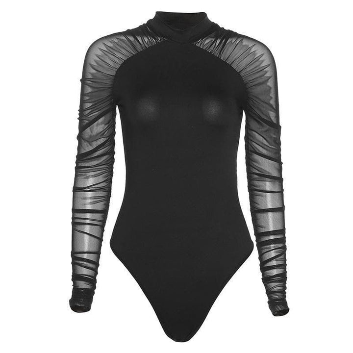 High neck mesh see-through ruched bodysuit - Halibuy