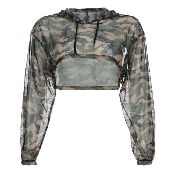 Sheer mesh drawstring long sleeve camouflage hoodie smock