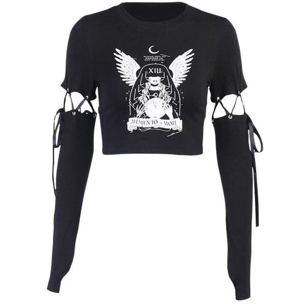 Round neck short sleeve removable gloves graphic top