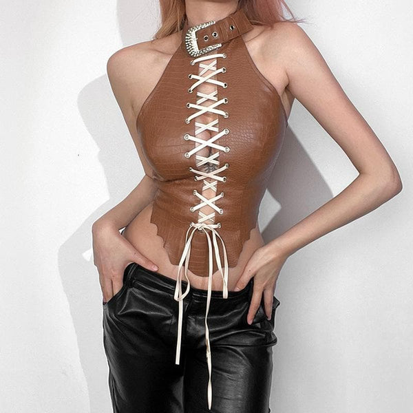 Lace up PU leather contrast halter buckle backless top