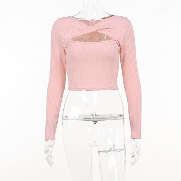 Long sleeve knitted hollow out ribbed cross front crop top
