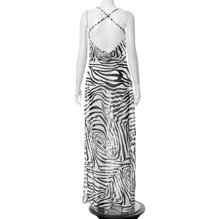 Cowl neck print cross open back maxi chiffon dress - Halibuy