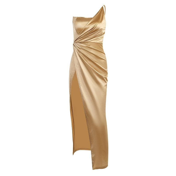 Sleeveless solid satin slit one shoulder ruched backless midi dress