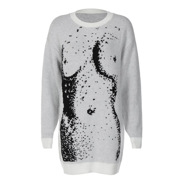 Knitted long sleeve body print contrast top