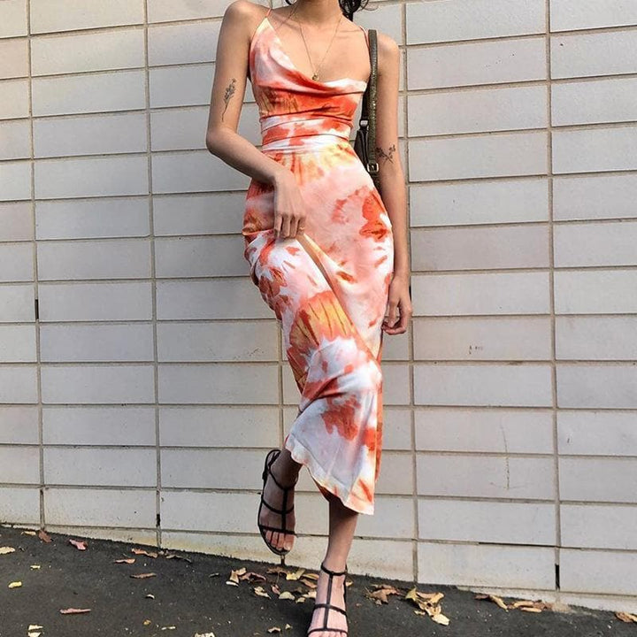 Cross open back tie dye maxi dress - Halibuy