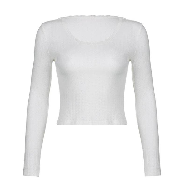 Textured lace hem solid long sleeve u neck top