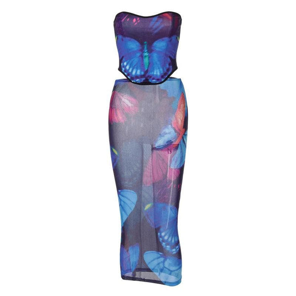 Conjunto de falda midi con cordones y patrón de mariposa transparente de malla transparente 