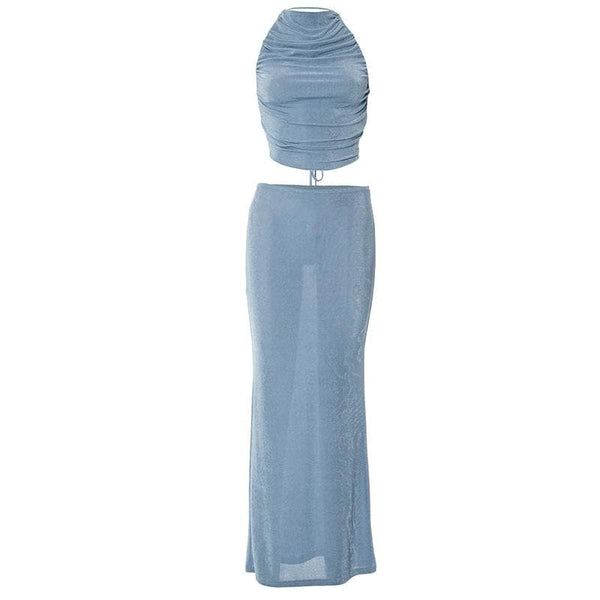 Halter solid backless self tie ruched maxi skirt set