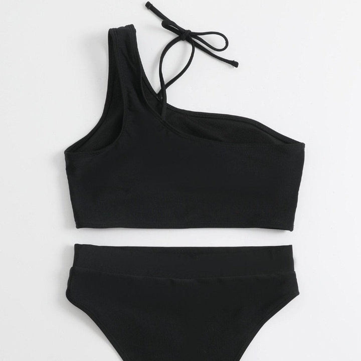 Hollow out high waisted one shoulder solid bikini - Halibuy