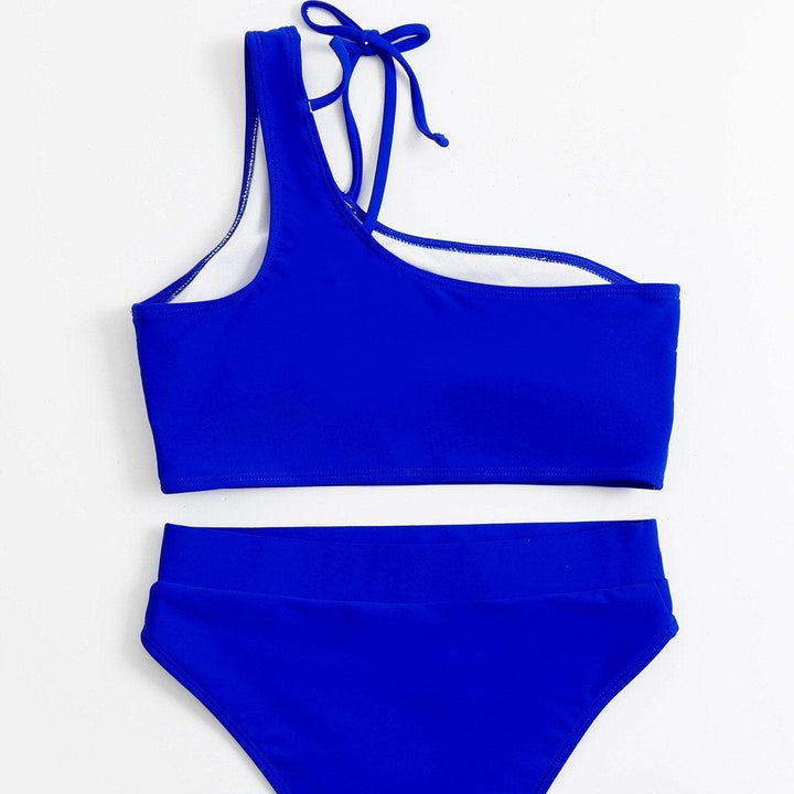 Hollow out high waisted one shoulder solid bikini - Halibuy