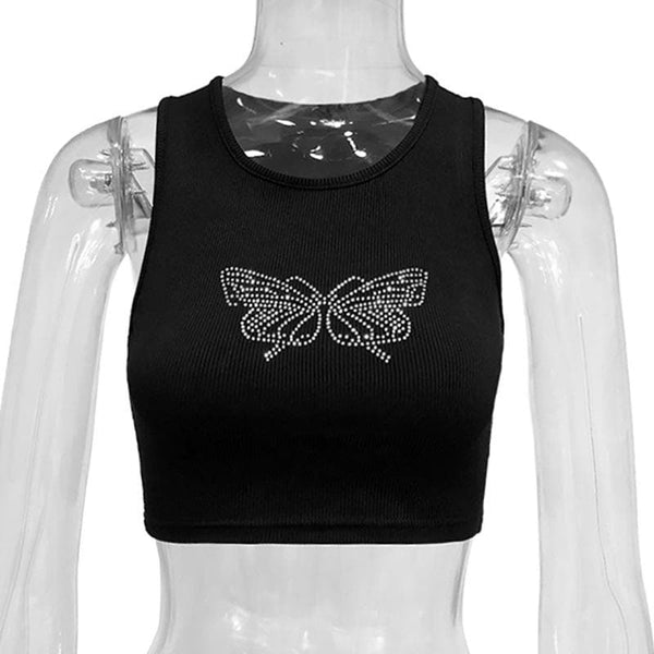 Beaded butterfly pattern ribbed solid sleeveless crop top