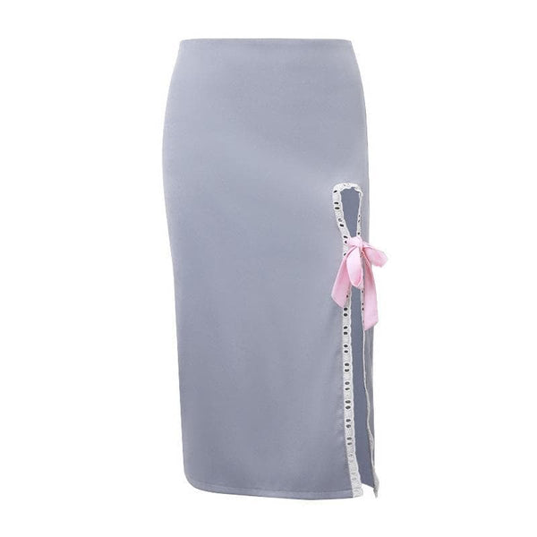Falda midi irregular de mezclilla con cremallera y dobladillo de encaje con abertura y lazo