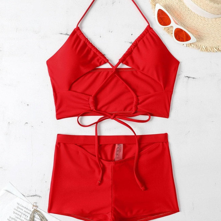 Hollow out cross tie high waisted 2 piece bikini set - Halibuy