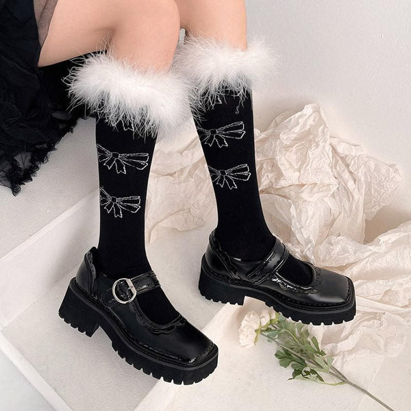 Feather lace bowknot pattern knee high socks