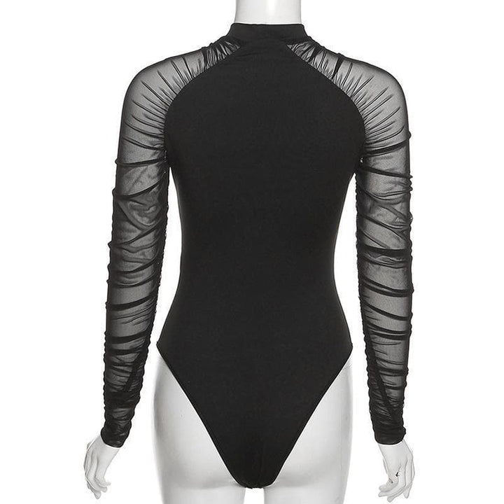 High neck mesh see-through ruched bodysuit - Halibuy