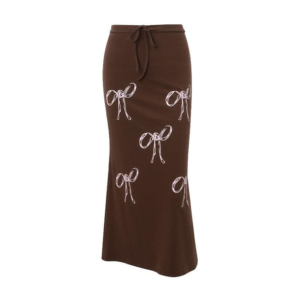 Falda midi anudada en contraste con estampado de lazo y fruncido con cordón 