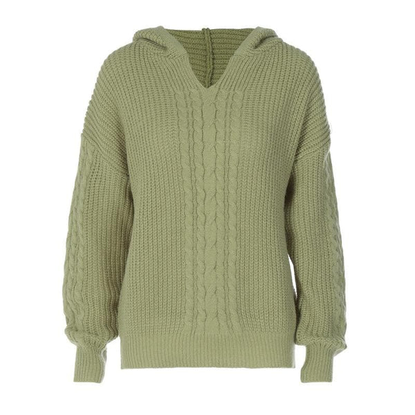 Hoodie long sleeve knitted solid v neck top