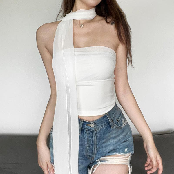 Sleeveless solid ruched button backless scarf tube top