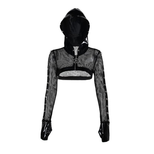 Fishnet zip-up gloves PU leather patchwork hoodie shrug top