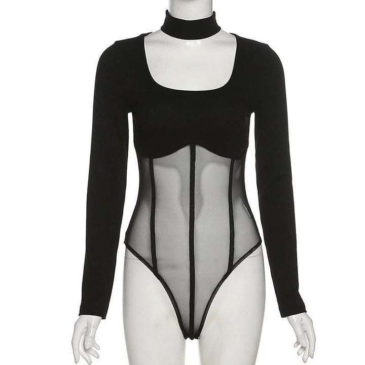 High neck mesh patchwork bodysuit - Halibuy